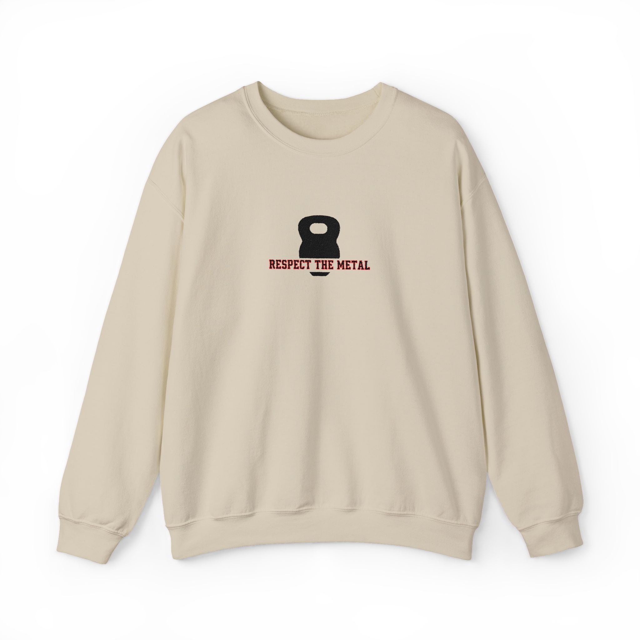Beige sweatshirt with a kettlebell graphic and text on a white background