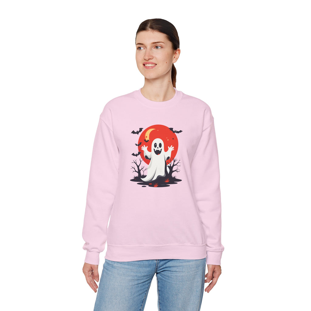 Crewneck Sweatshirt - Cute Ghost & Red Moon Halloween Design