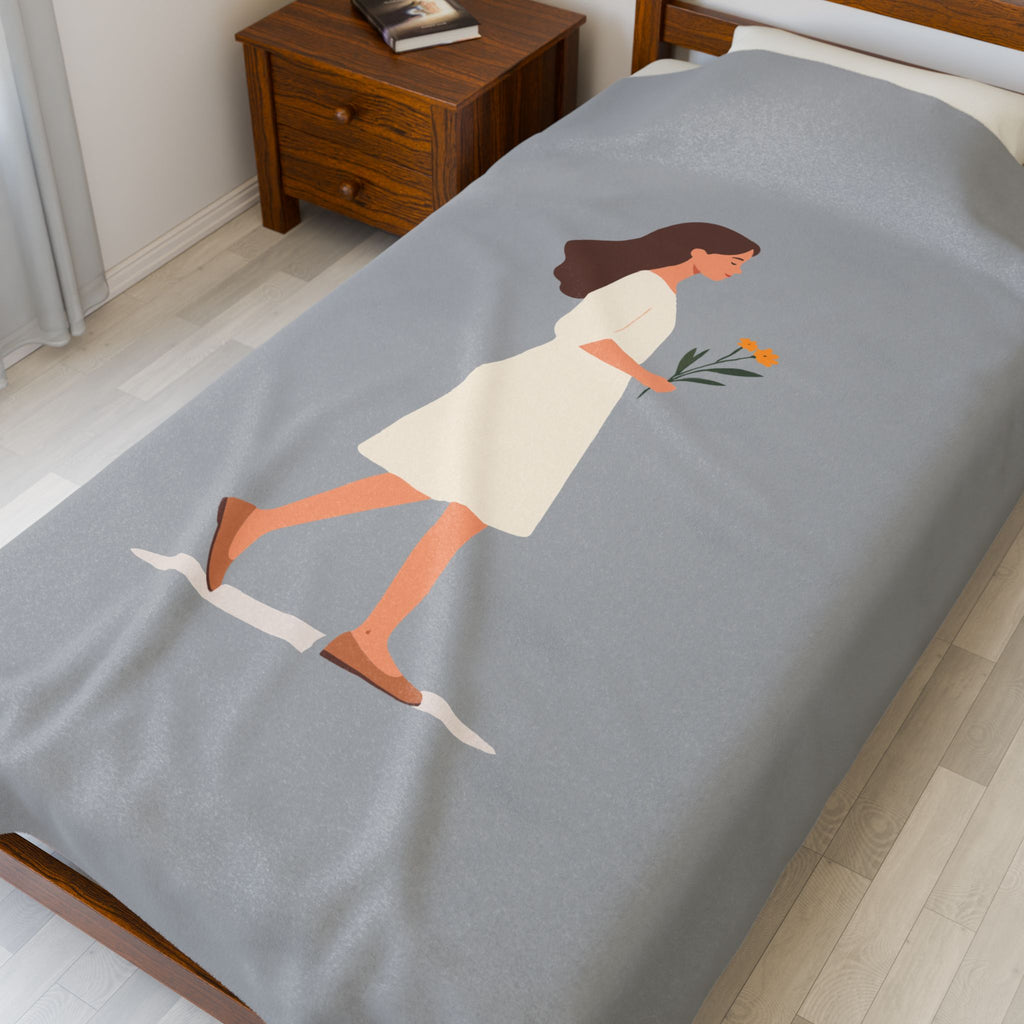 Minimalist Woman with Flowers Velveteen Plush Blanket Cozy Decorative Throw