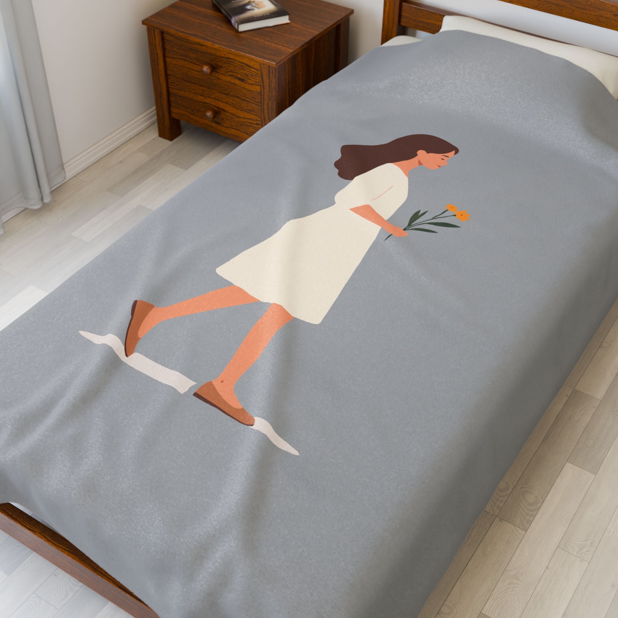 Minimalist Woman with Flowers Velveteen Plush Blanket Cozy Decorative Throw