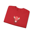 Folded red sweatshirt with a bison logo on a white background