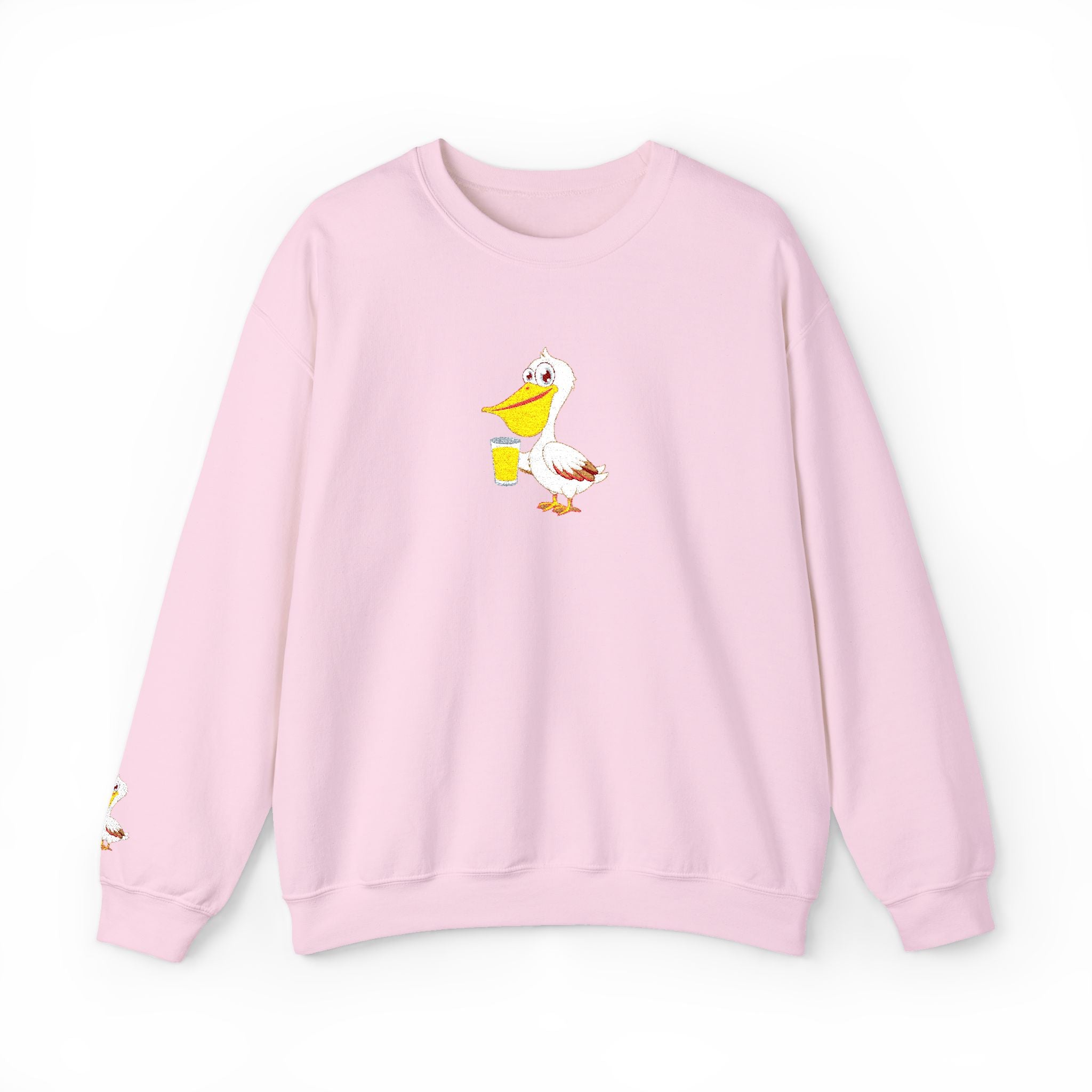 Pink sweatshirt with a cartoon duck design on a white background