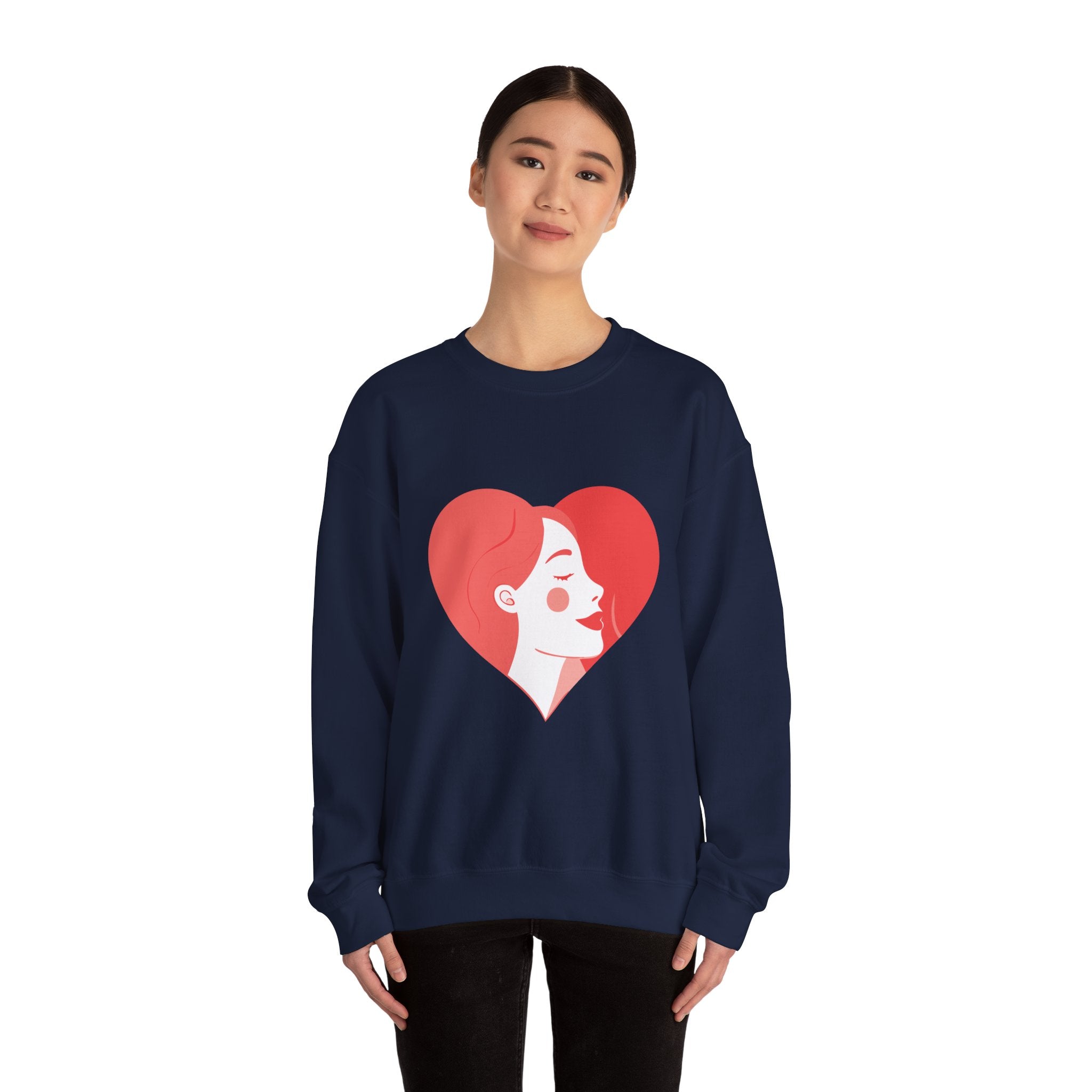 Heart Profile Crewneck Sweatshirt — Minimal Red Heart Portrait Graphic, Women face in Heart