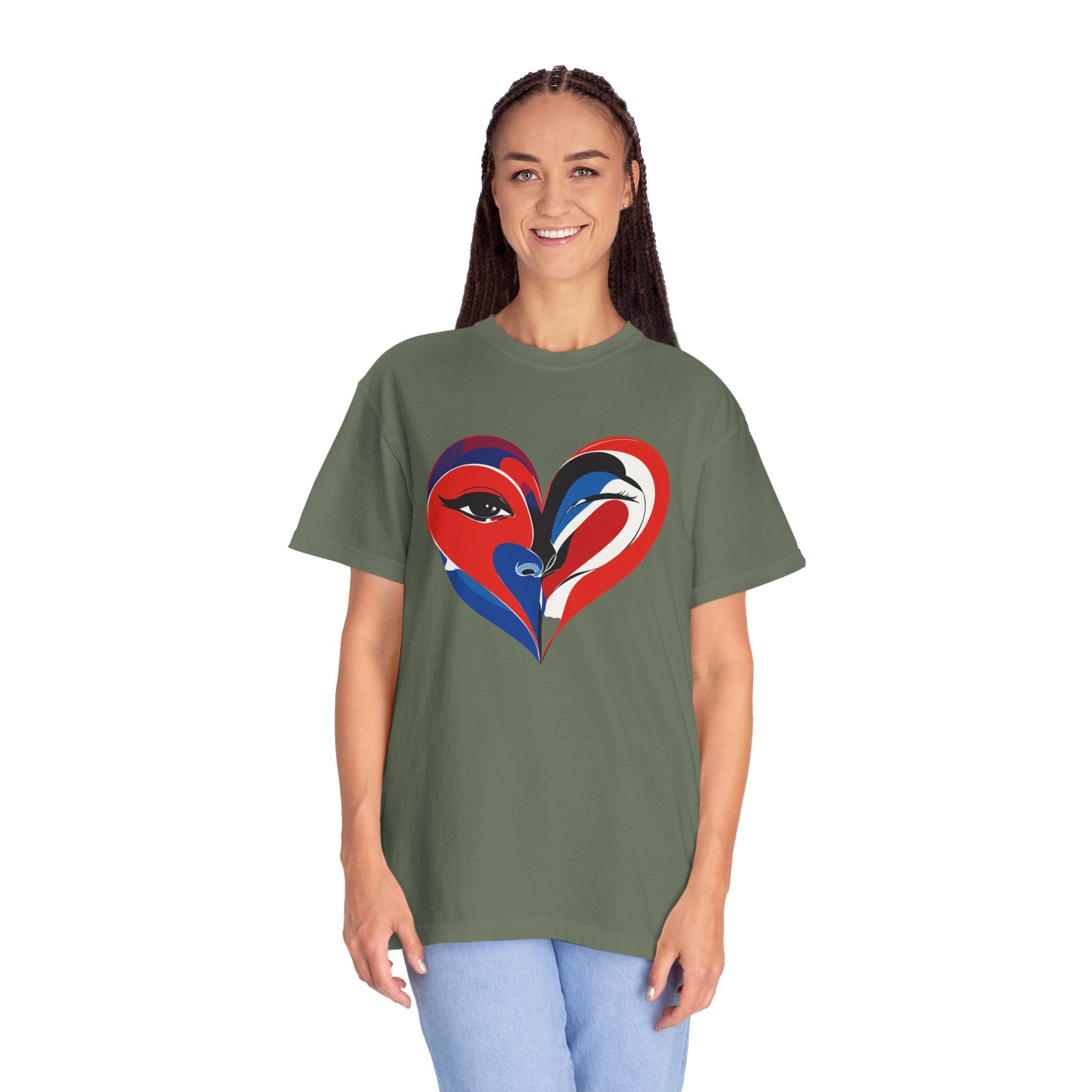 Heart Art Graphic Tee Red & Blue Woman Face Heart Design