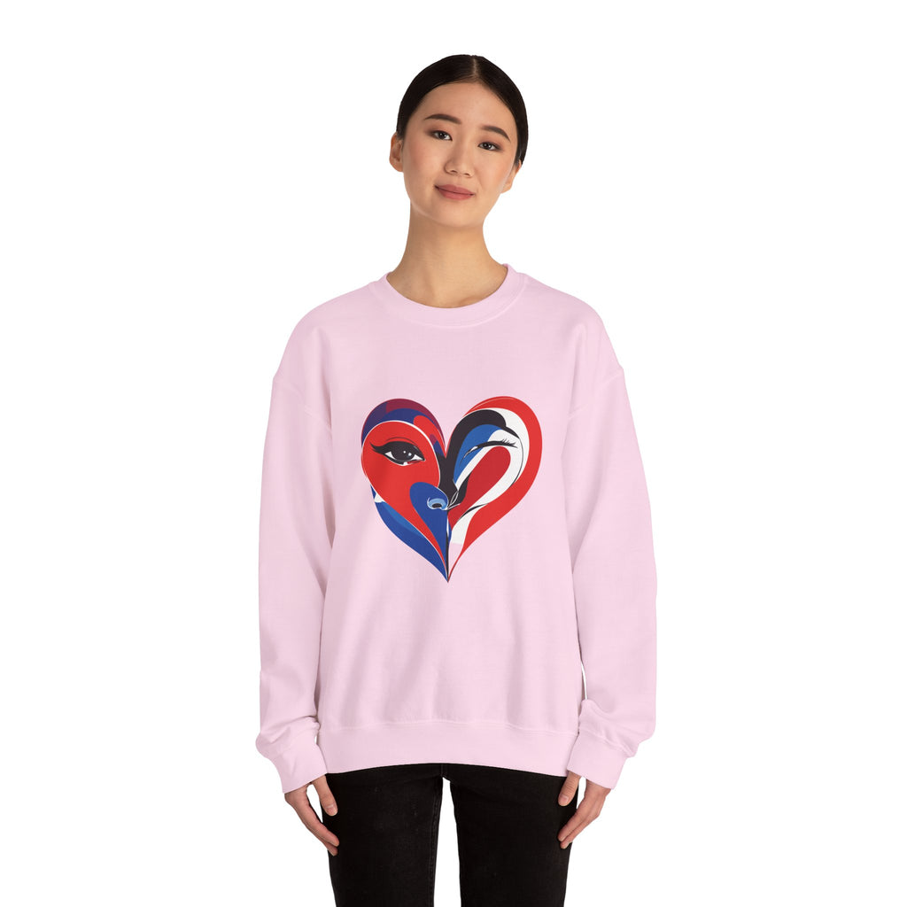 Heart Face Crewneck Sweatshirt Abstract Red & Blue Love Graphic