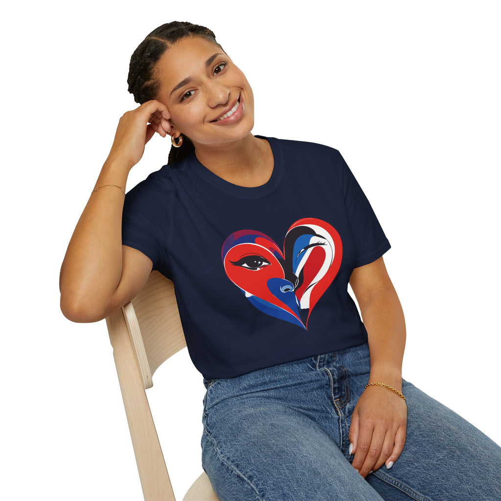 Heart Face Graphic T‑Shirt Red & Blue Abstract Love Design