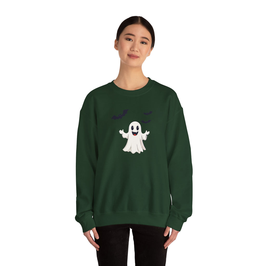 Halloween Ghost Crewneck Sweatshirt Cute Boo Ghost & Bats Cozy Pullover