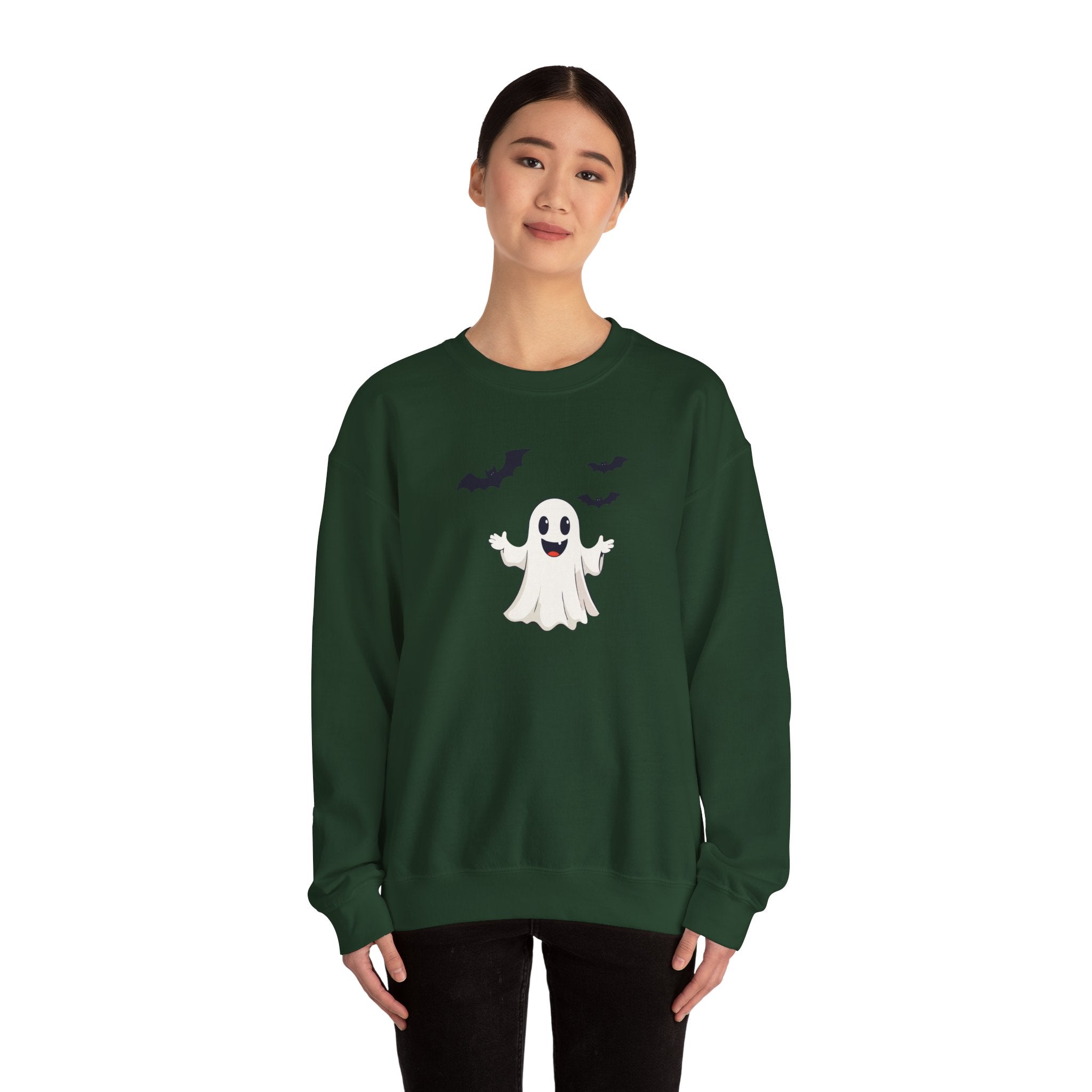 Halloween Ghost Crewneck Sweatshirt Cute Boo Ghost & Bats Cozy Pullover