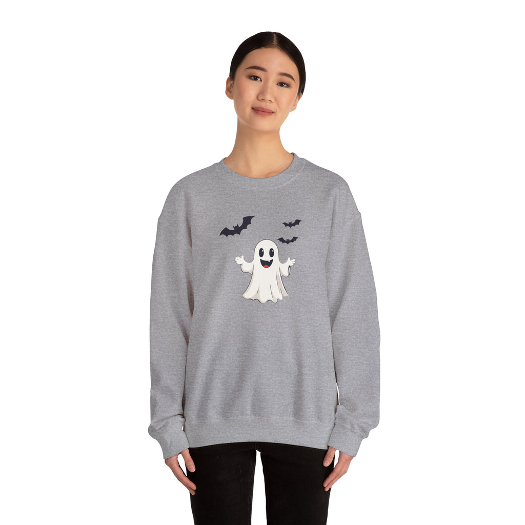 Halloween Ghost Crewneck Sweatshirt Cute Boo Ghost & Bats Cozy Pullover