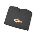Folded dark gray t-shirt with a fish graphic on a white background