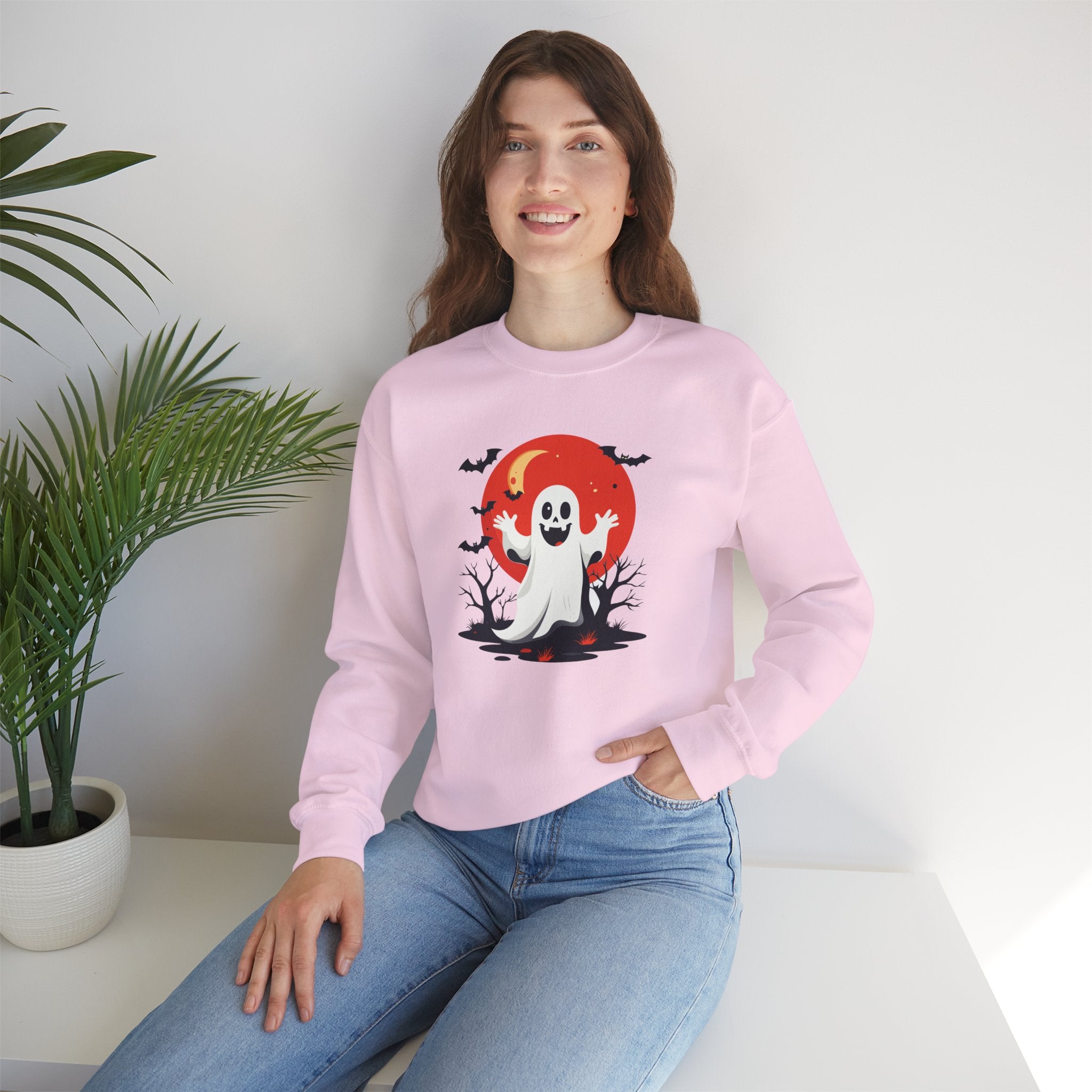 Crewneck Sweatshirt - Cute Ghost & Red Moon Halloween Design