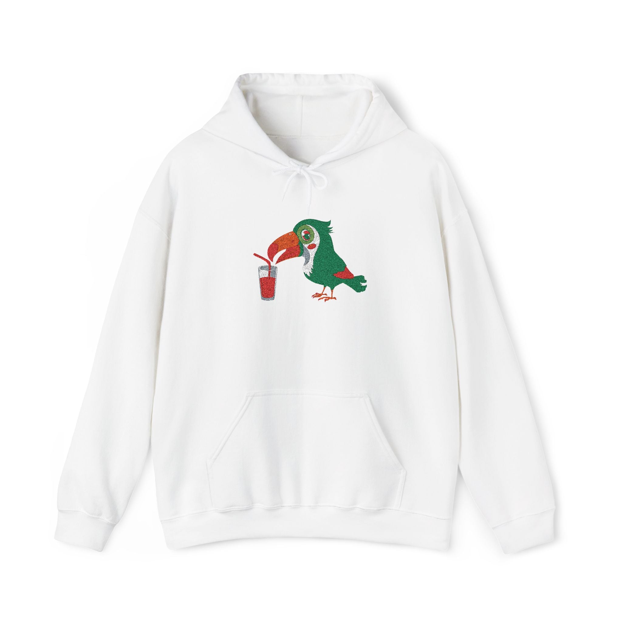 White hoodie with a green parrot graphic on a white background