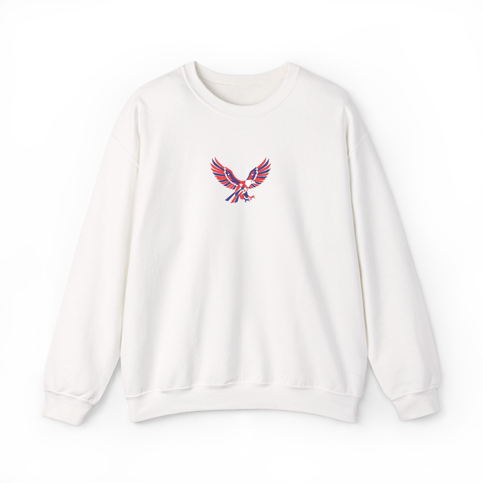 White sweatshirt with a colorful eagle emblem on a white background