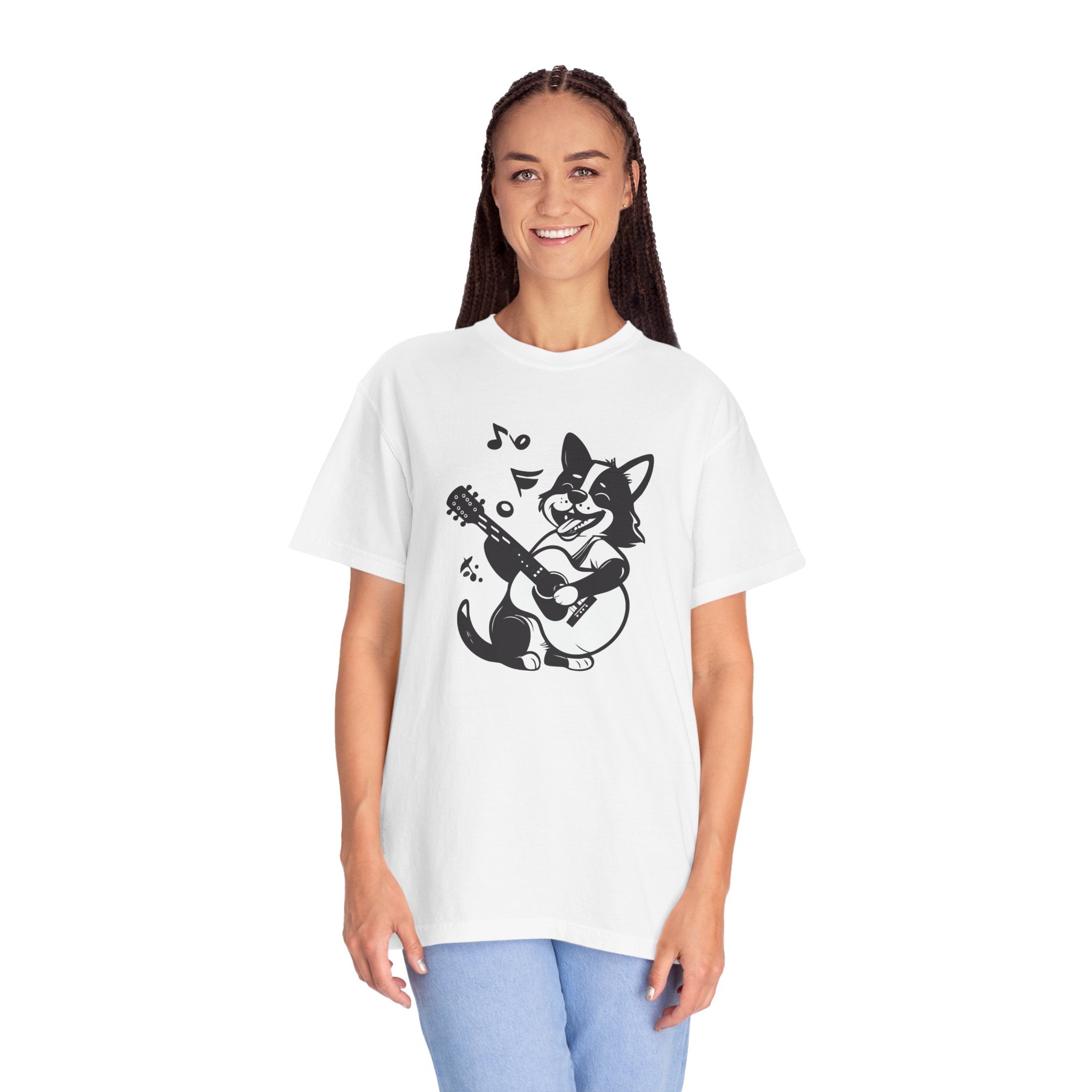 Corgi Playing Guitar T-Shirt  Cute Musical Dog Tee Rockstar Design