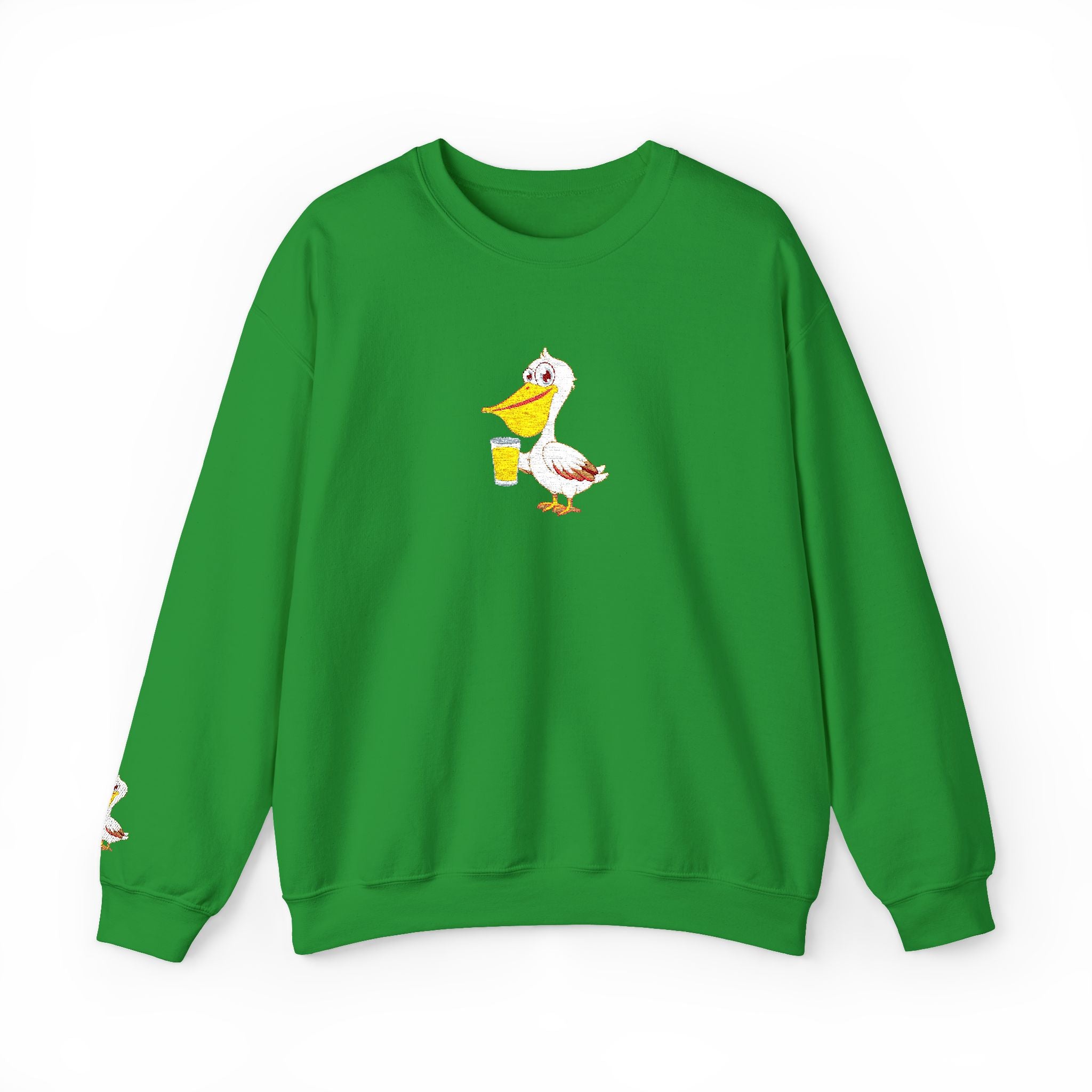 Green sweatshirt with a cartoon duck design on a white background