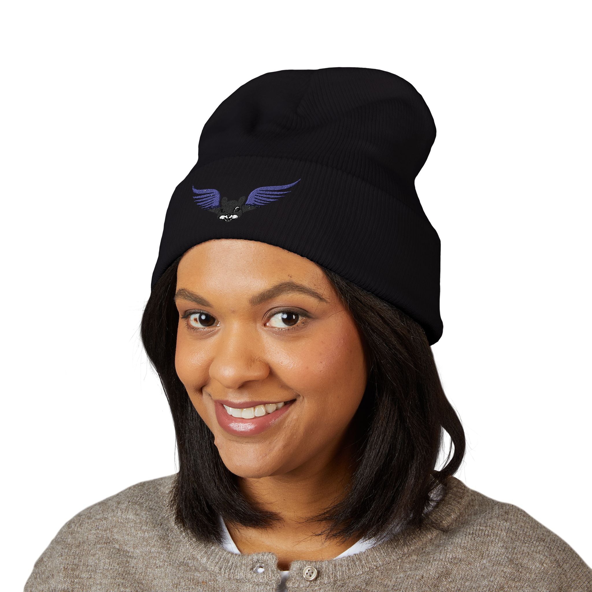 Winged Frenchie Embroidered Beanie Cute Skull Wings Cuffed Hat