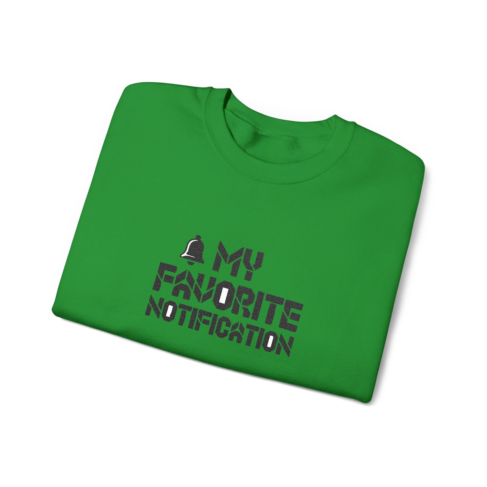 Green t-shirt with 'My Favorite Notification' text on a white background