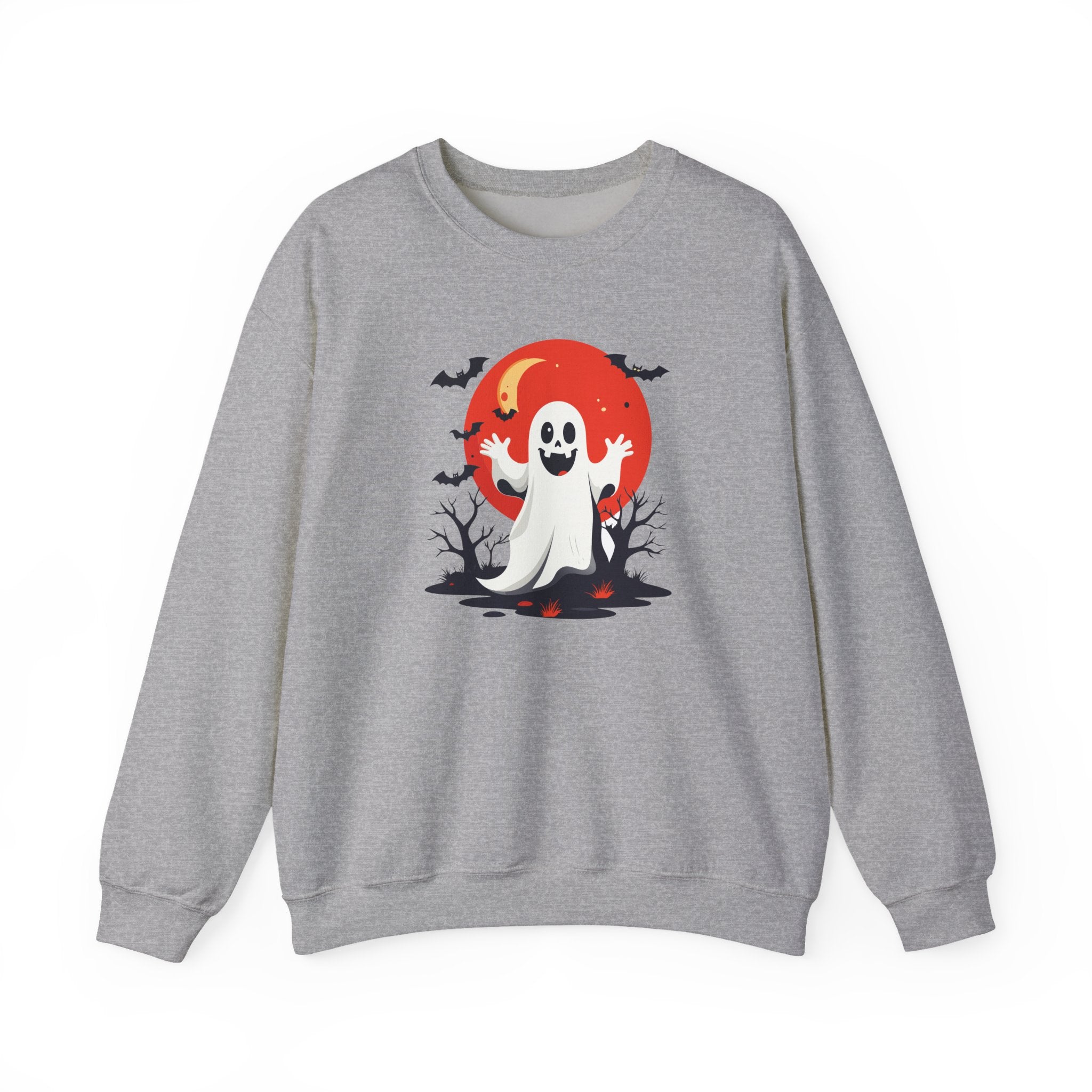 Crewneck Sweatshirt - Cute Ghost & Red Moon Halloween Design