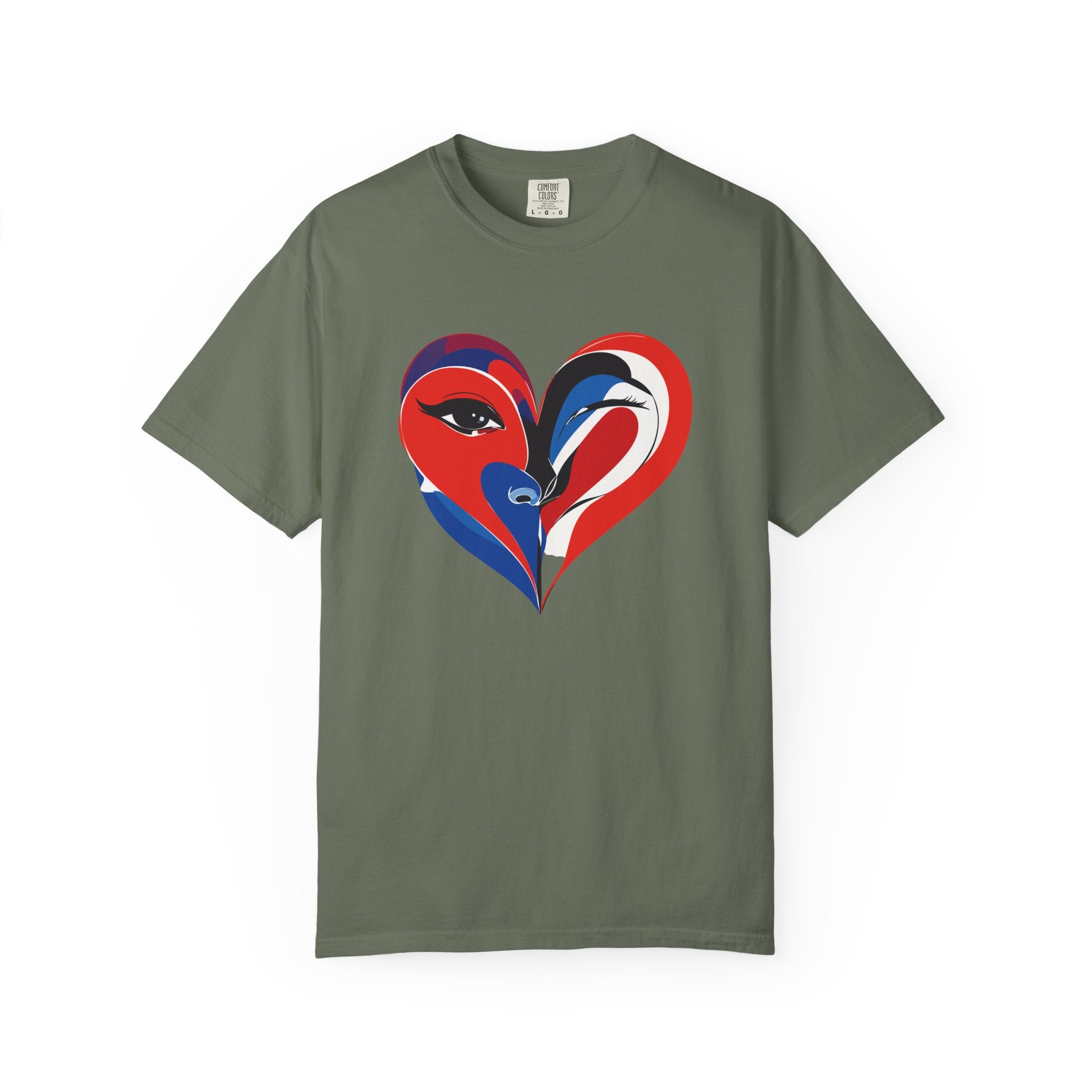 Heart Art Graphic Tee Red & Blue Woman Face Heart Design