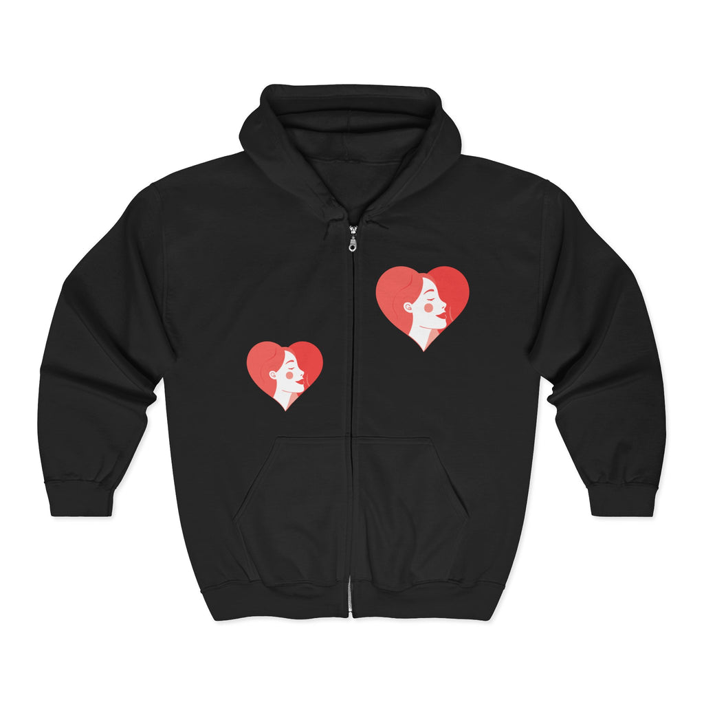 Heart Portrait Zip Hoodie — Retro Woman Profile Valentine Sweatshirt