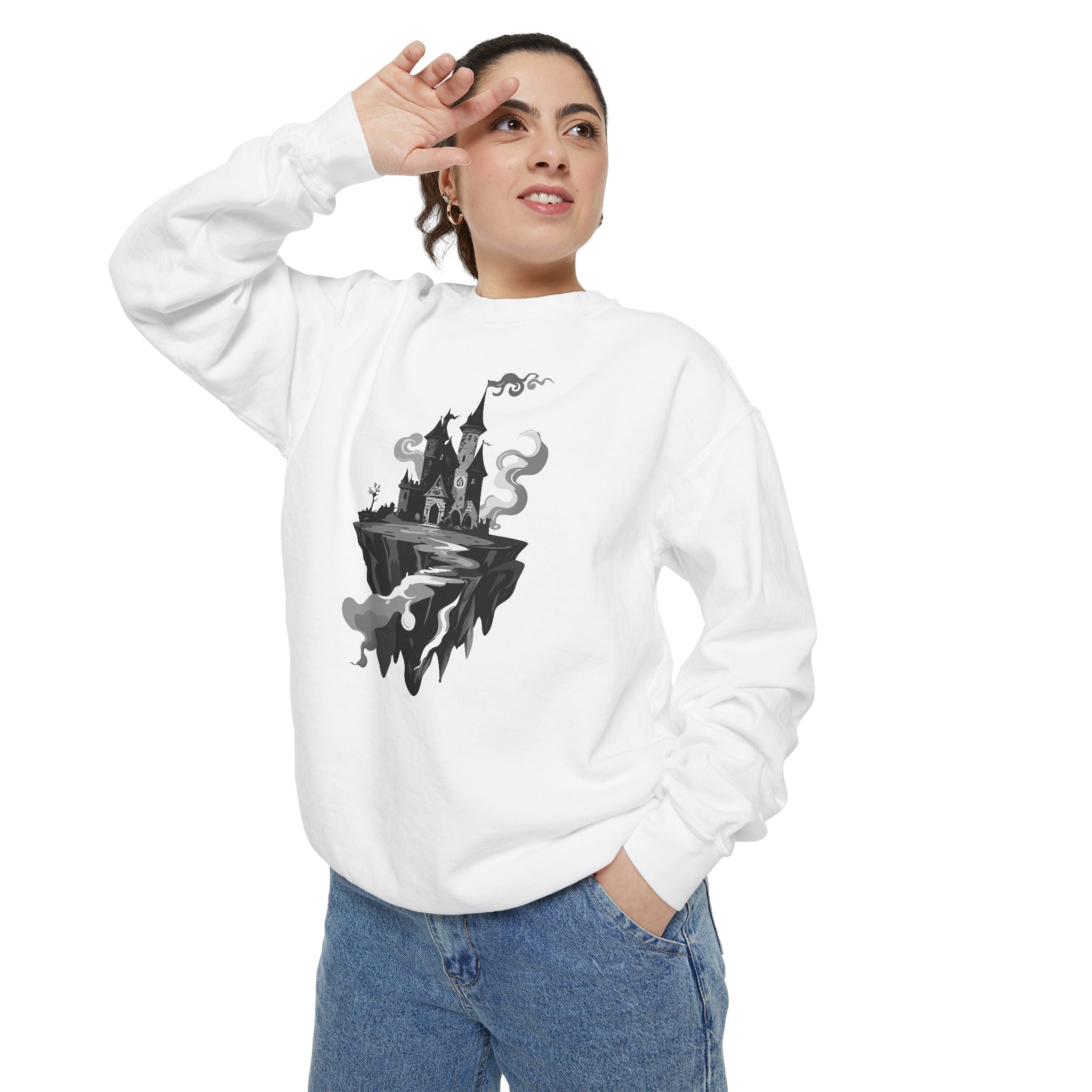 Floating Haunted Castle Sweatshirt Gothic Floating Island Crewneck