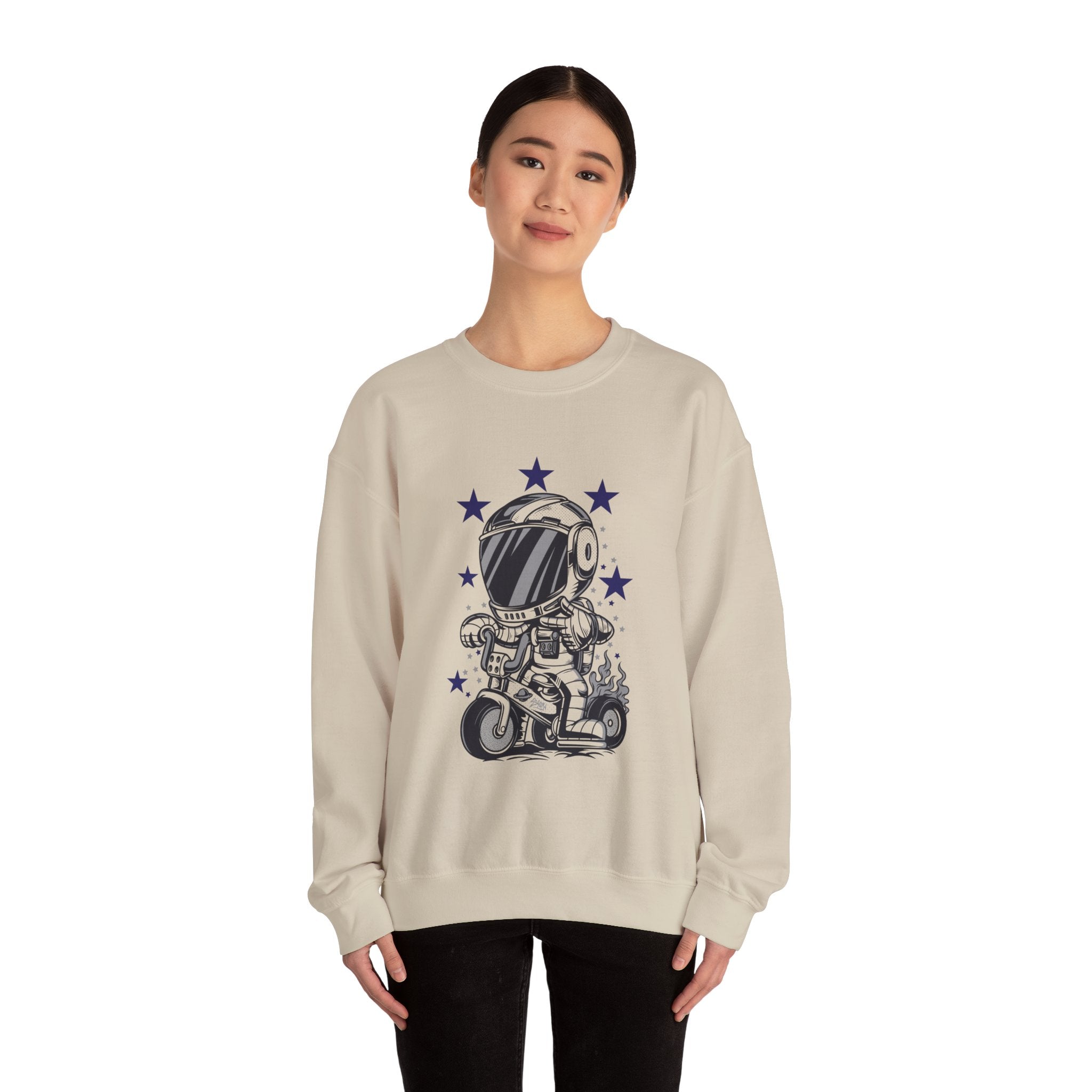 Astronaut Riding Scooter Crewneck Sweatshirt Retro Space Biker Graphic