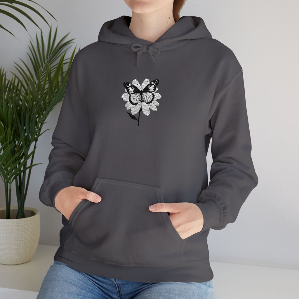 Embroidered Floral Butterfly Hoodie Monochrome Rose & Butterfly Graphic Sweatshirt