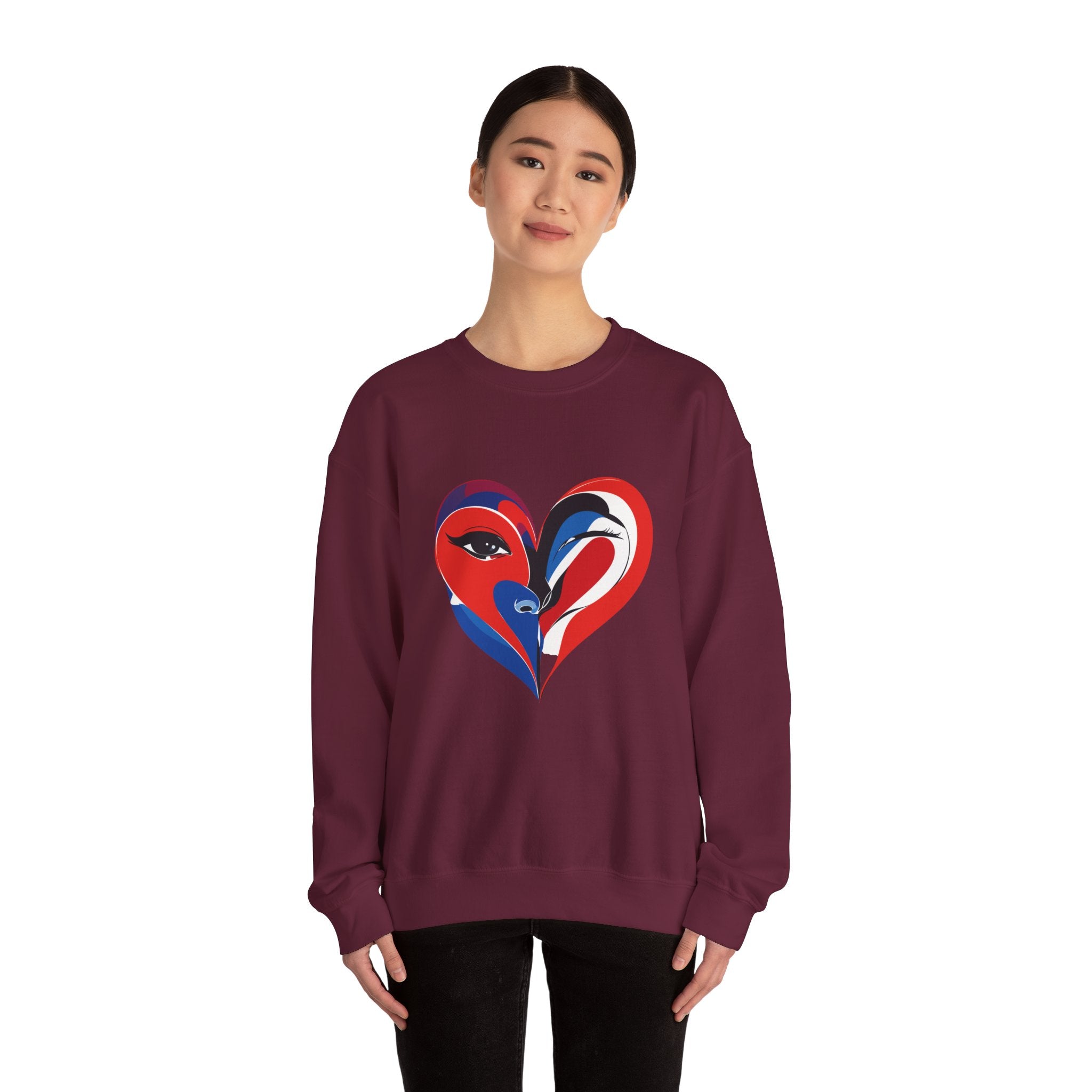 Heart Face Crewneck Sweatshirt Abstract Red & Blue Love Graphic