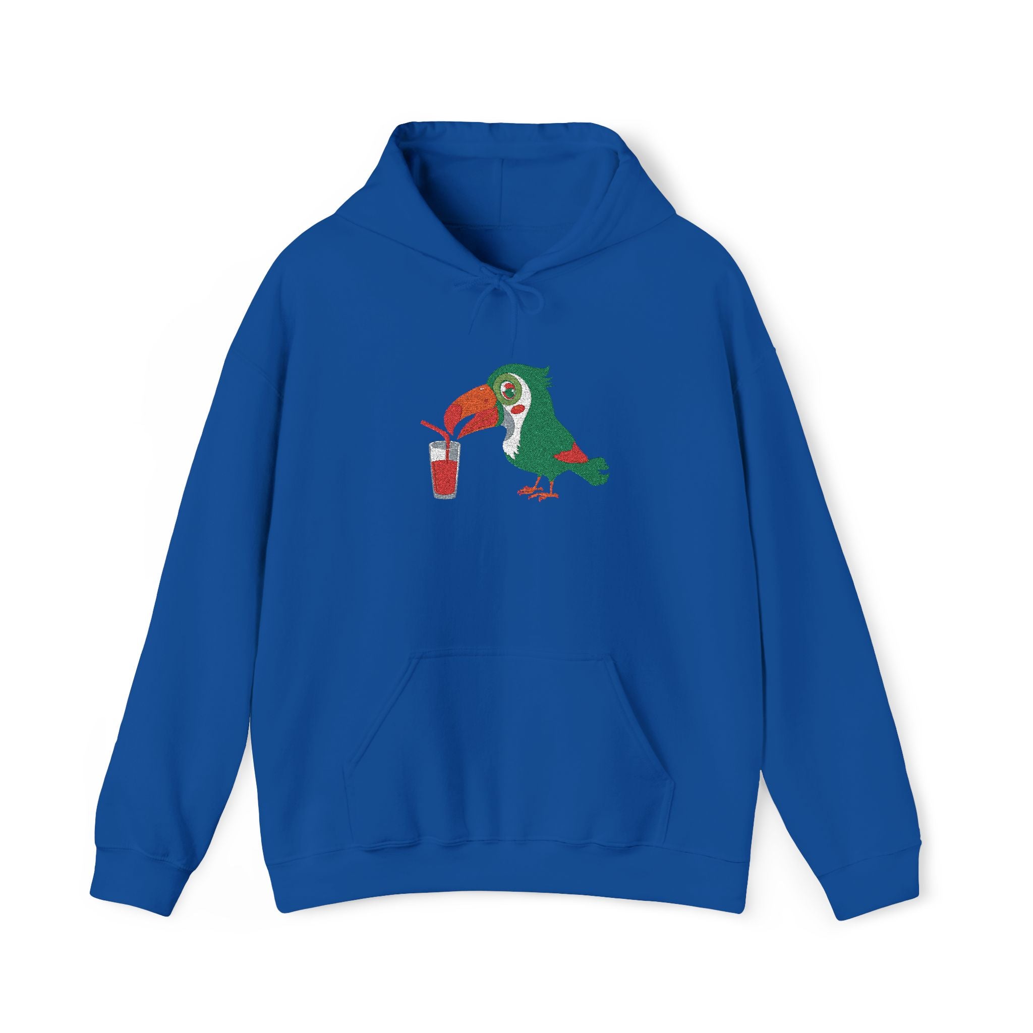 Blue hoodie with a colorful parrot design on a white background