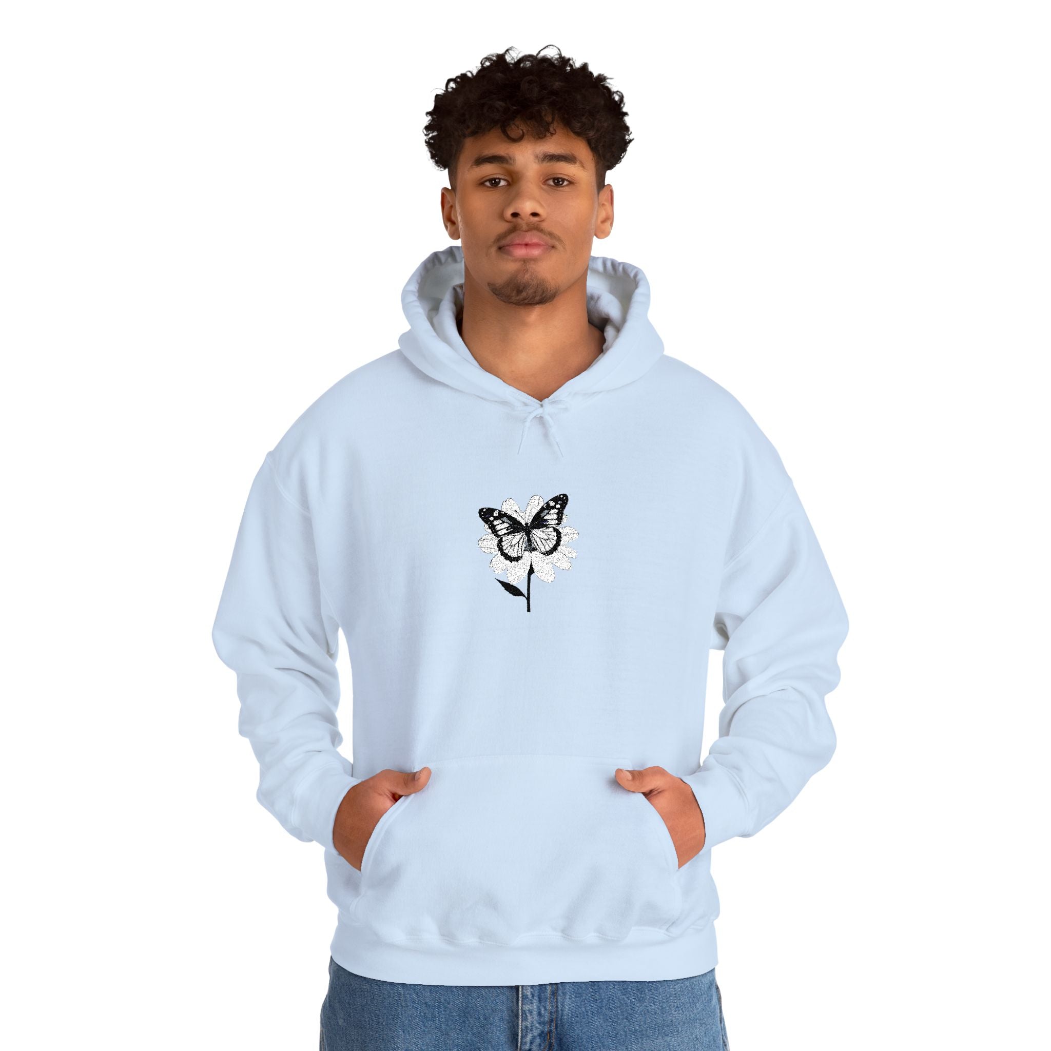 Embroidered Floral Butterfly Hoodie Monochrome Rose & Butterfly Graphic Sweatshirt