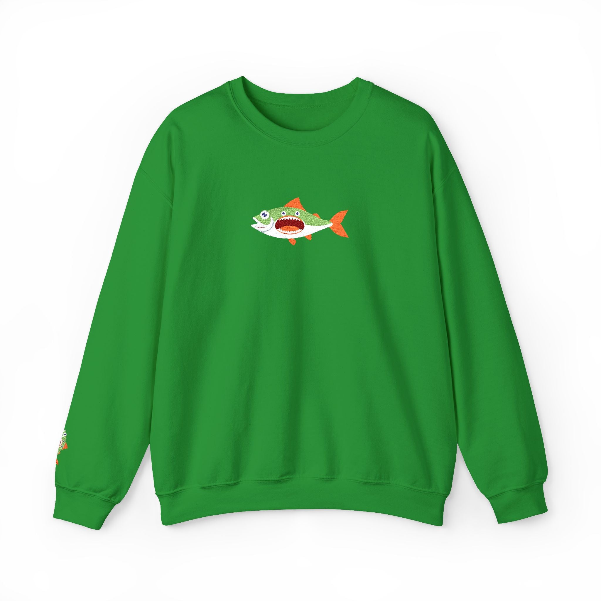 Green sweatshirt with a cartoon shark design on a white background