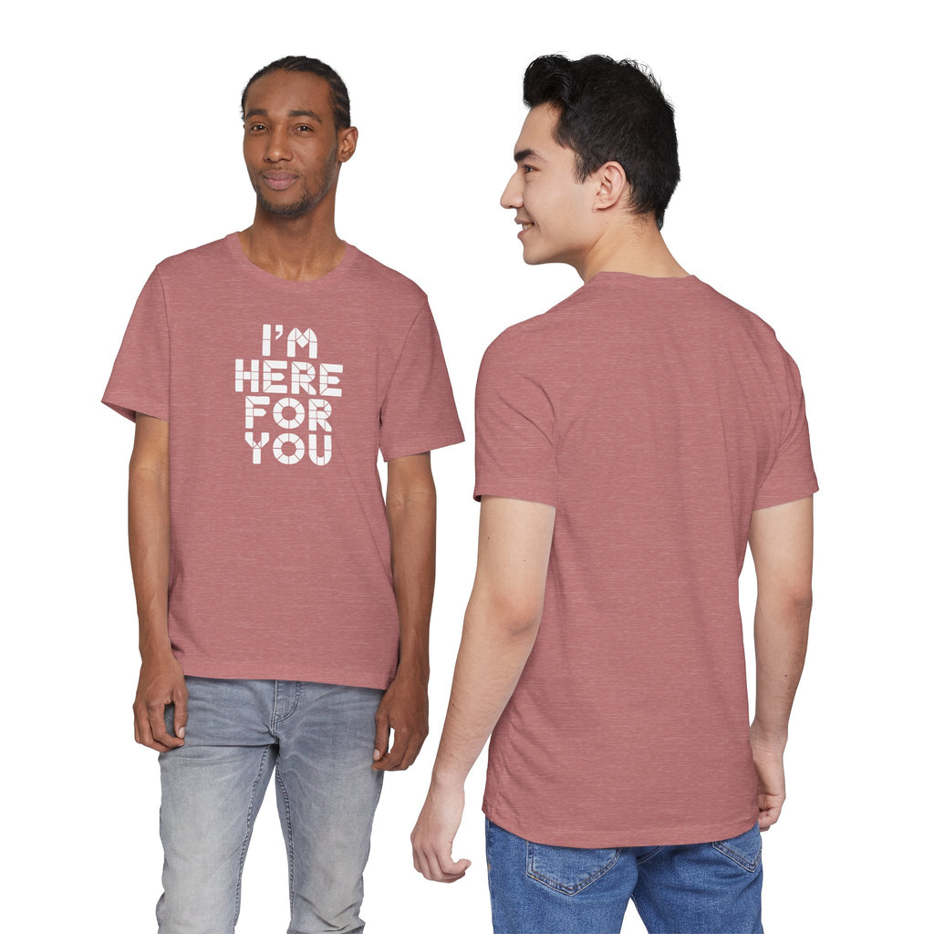 Two people wearing a red t-shirt with 'I'm here for you' text, one facing front and one facing back.