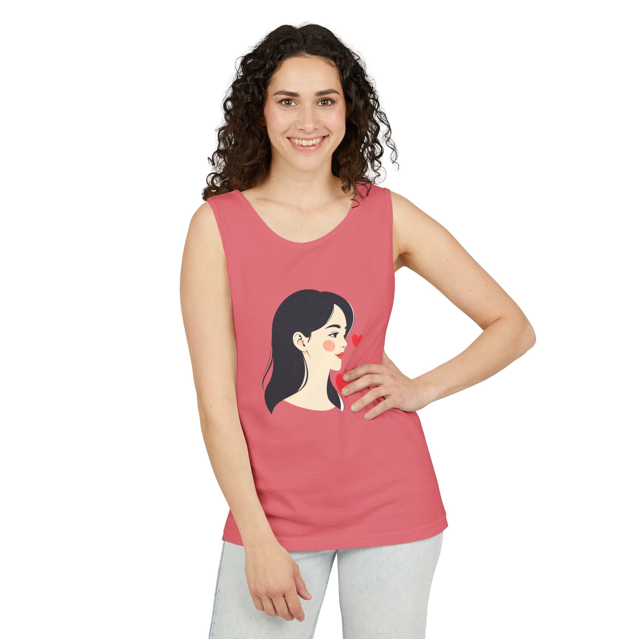 Kawaii Girl Portrait Tank Top Cute Heart Illustration Graphic Tank