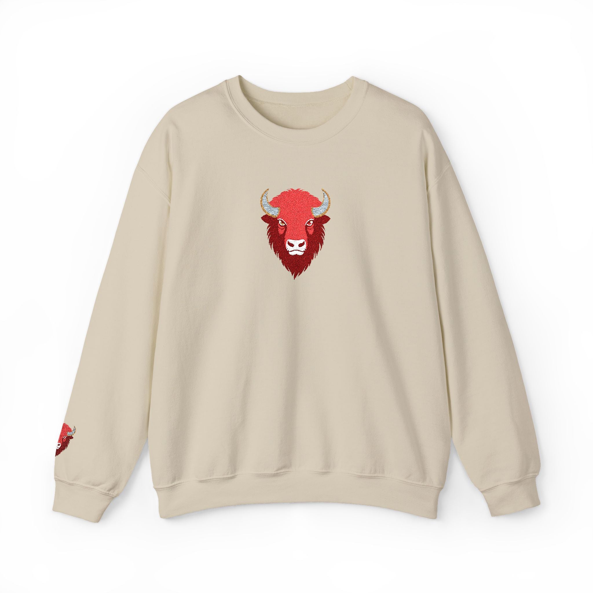 Beige sweatshirt with a red bull logo on a white background