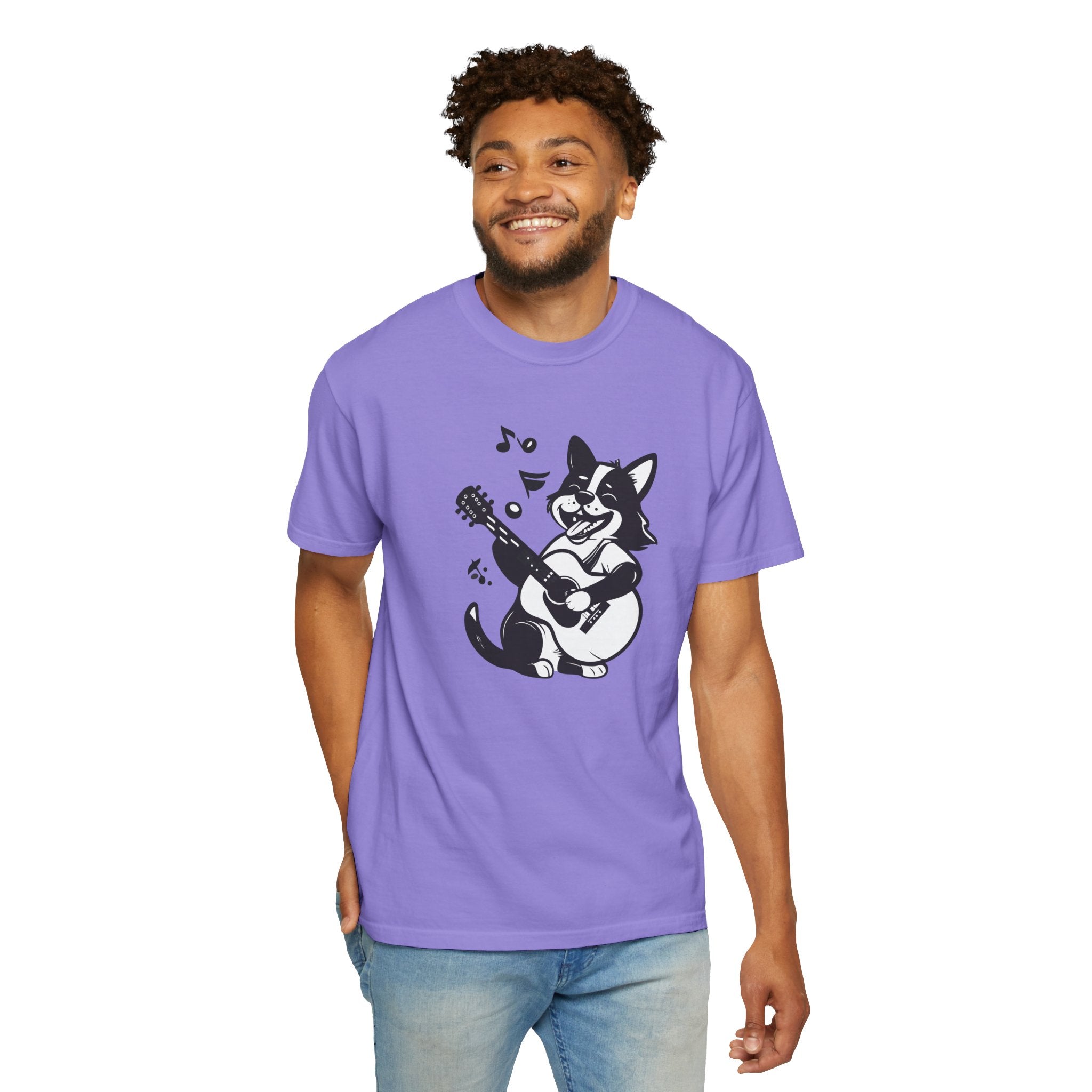 Corgi Playing Guitar T-Shirt  Cute Musical Dog Tee Rockstar Design
