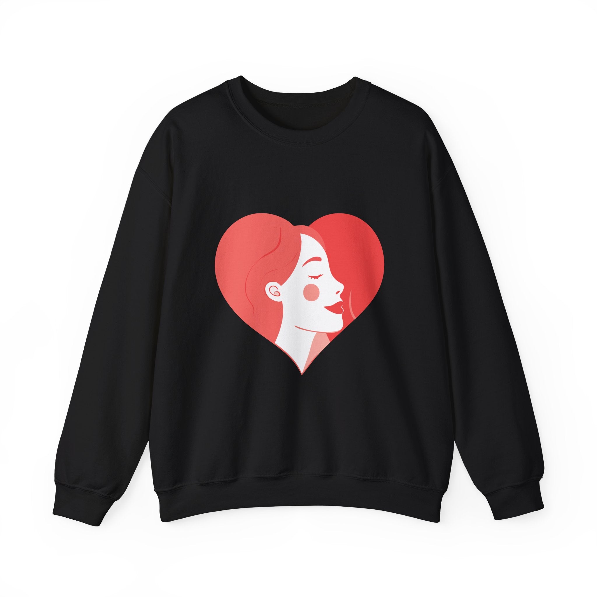 Heart Profile Crewneck Sweatshirt — Minimal Red Heart Portrait Graphic, Women face in Heart