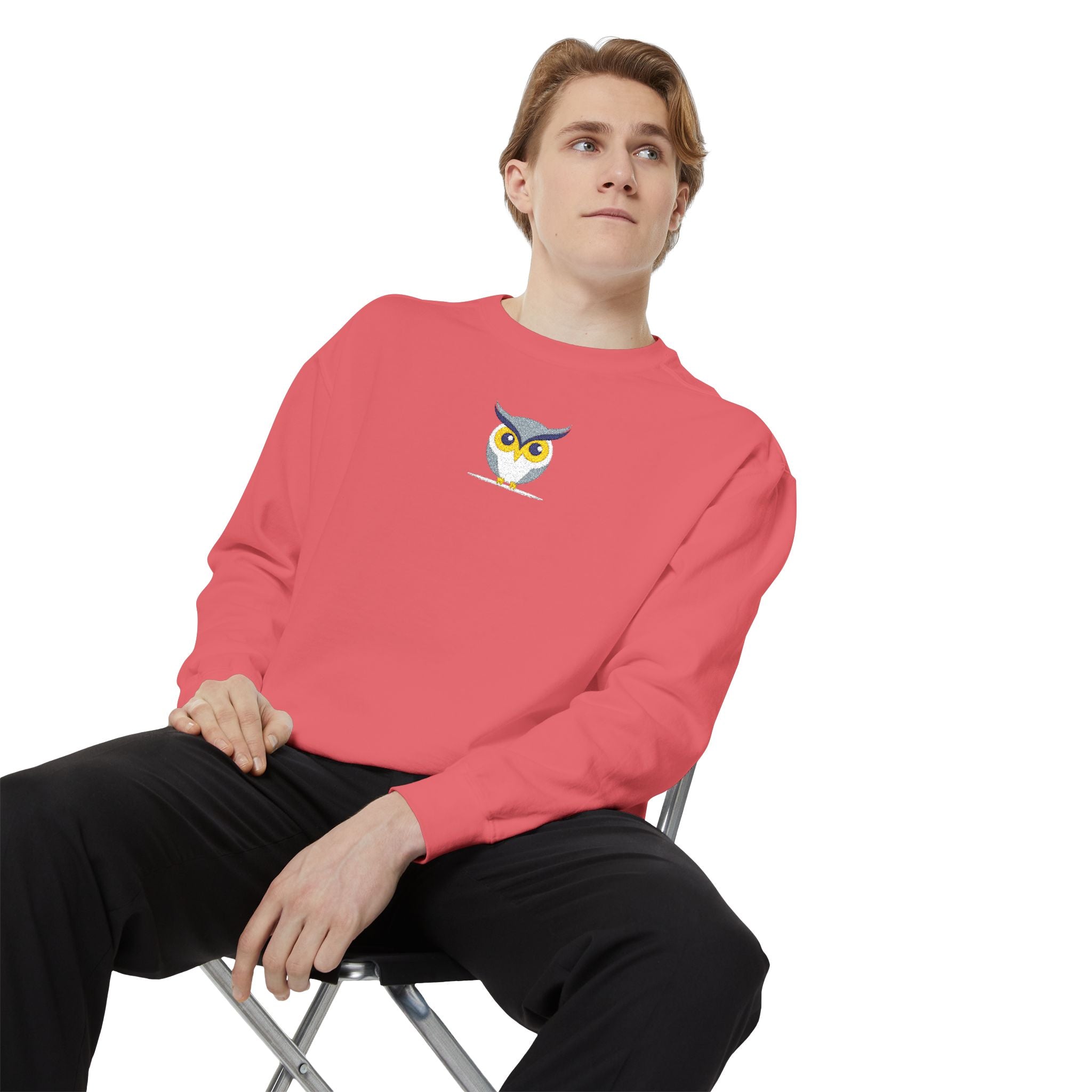Embroidered Yellow Blue Owl Sweatshirt Small Chest Graphic Crewneck