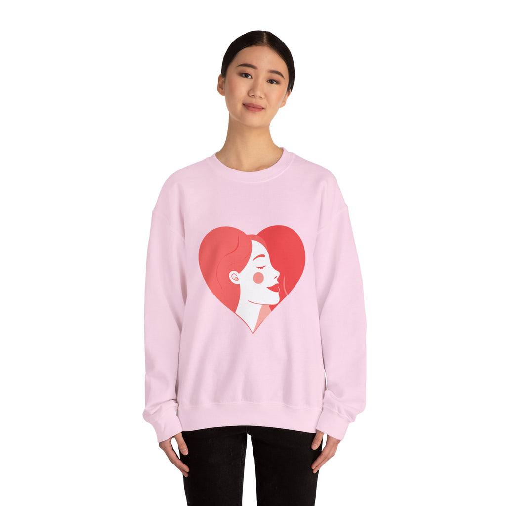 Heart Profile Crewneck Sweatshirt — Minimal Red Heart Portrait Graphic, Women face in Heart