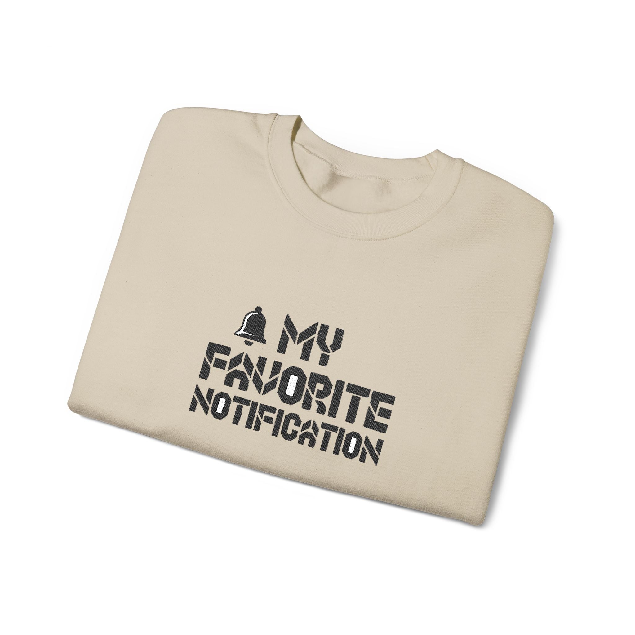 Beige t-shirt with 'My Favorite Notification' text on a white background