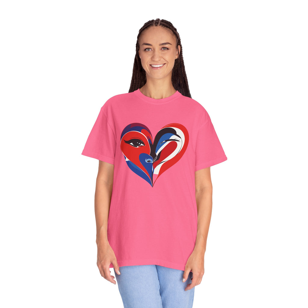Heart Art Graphic Tee Red & Blue Woman Face Heart Design