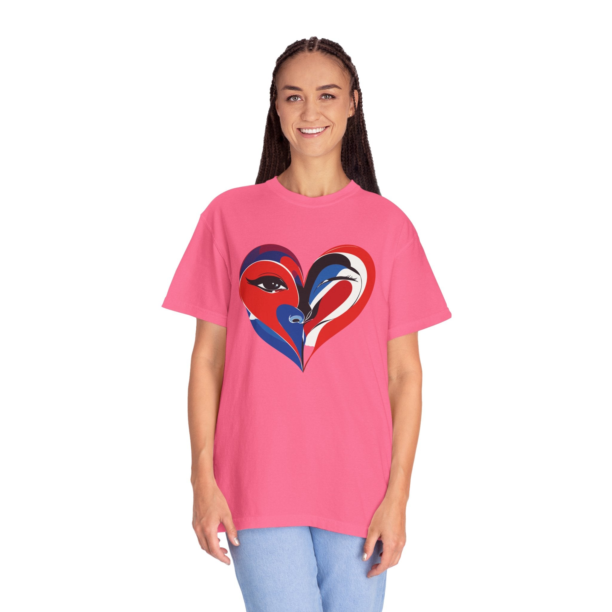 Heart Art Graphic Tee Red & Blue Woman Face Heart Design