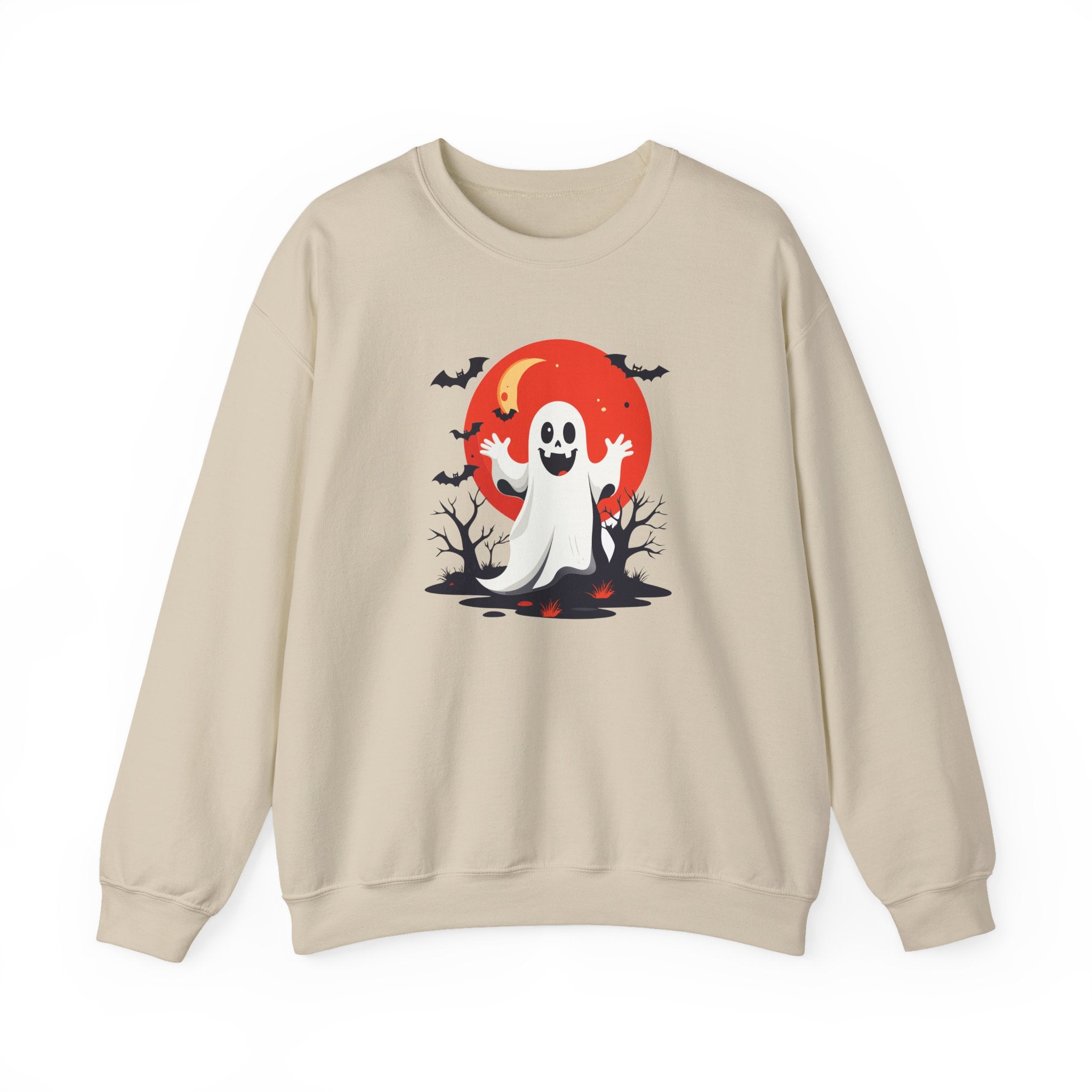 Crewneck Sweatshirt - Cute Ghost & Red Moon Halloween Design