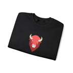 Black sweatshirt with a red bull head logo on a white background
