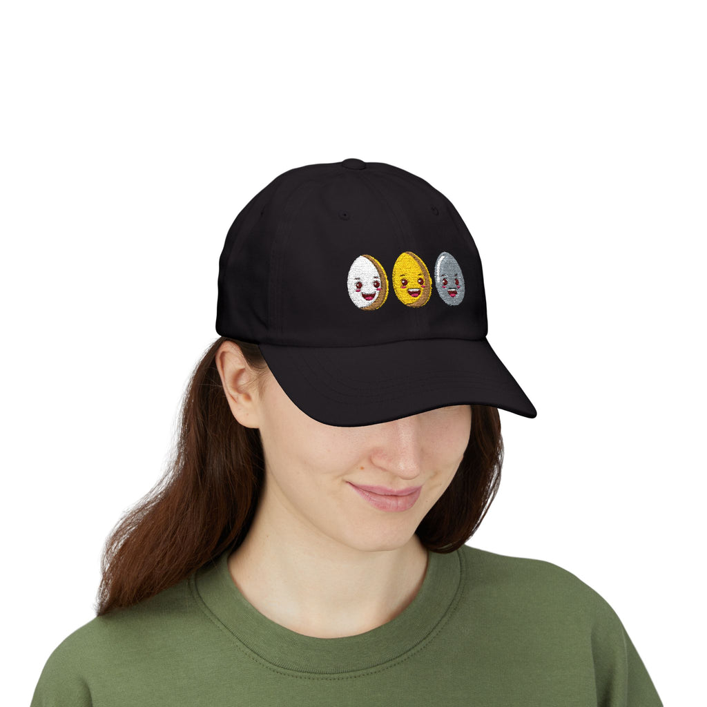 Dad Cap Sequin Egg Trio Embroidered Hat (Cute Breakfast Emoji)