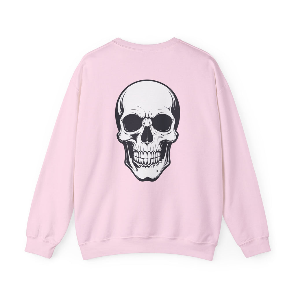 Skull Crewneck Sweatshirt Minimal Front, Large Back Graphic