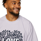 Man wearing a light gray sweatshirt with a leaf design and 'LOVE' text on a white background