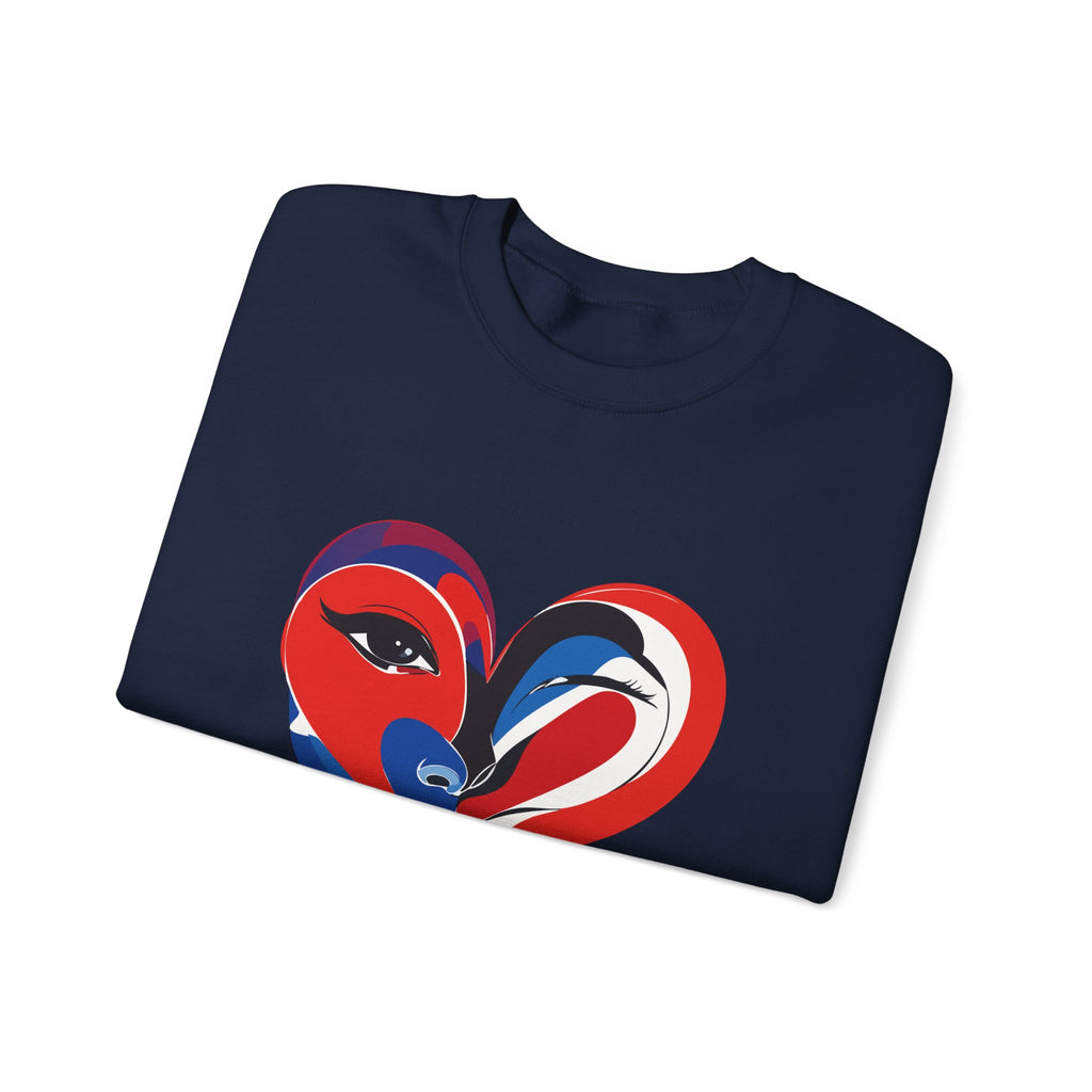 Heart Face Crewneck Sweatshirt Abstract Red & Blue Love Graphic