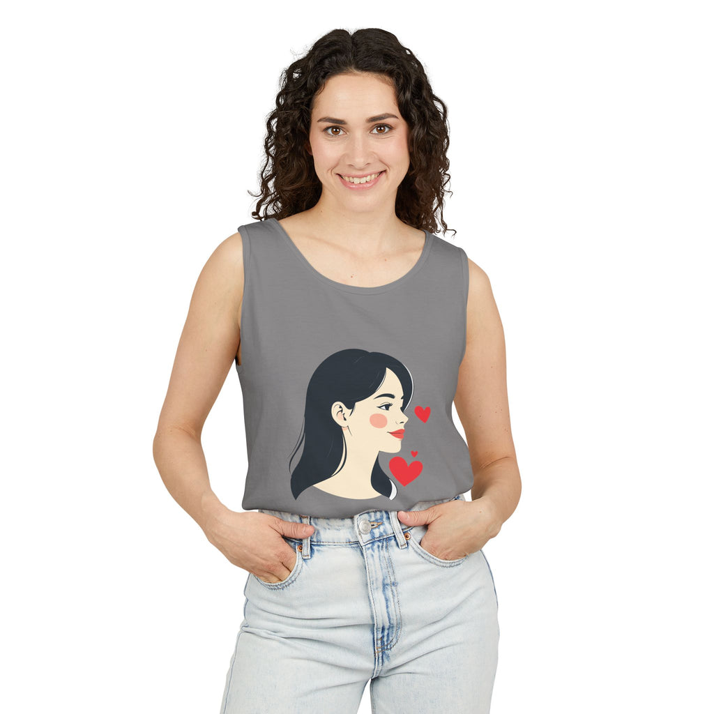 Kawaii Girl Portrait Tank Top Cute Heart Illustration Graphic Tank