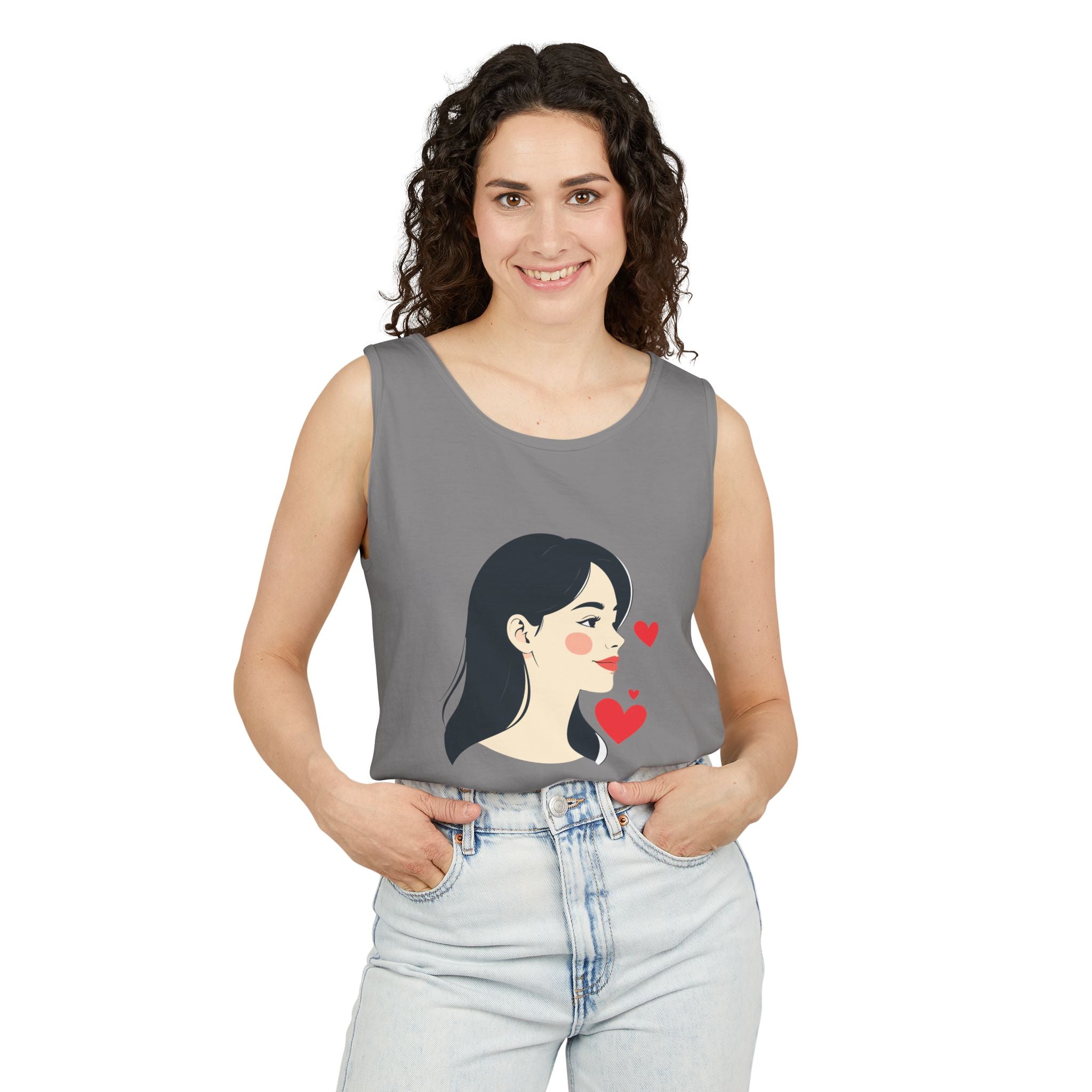 Kawaii Girl Portrait Tank Top Cute Heart Illustration Graphic Tank