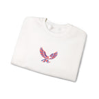 White sweatshirt with a colorful eagle design on a white background